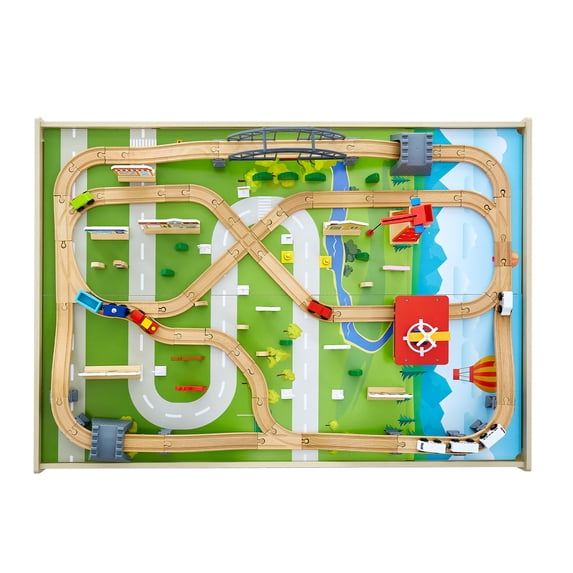 KFFKFF Wooden Kids Activity Table with 120-Piece Train Set, Collapsible Storage Bin, and Multi-Use Design for Play, Drawing, Reading, and More – Ideal for Children Ages 3+