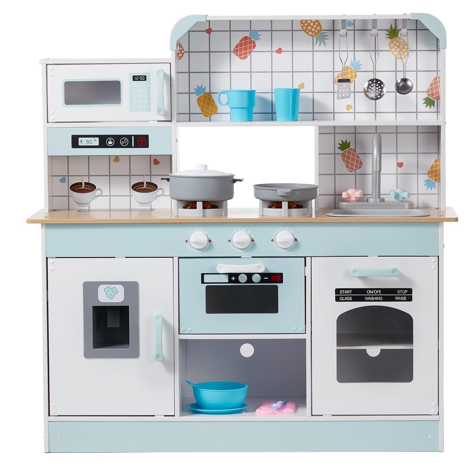 KFFKFF Wooden Play Kitchen Set for Kids, Interactive Toy Kitchen with Lights, Sounds, Ice Maker, Oven, Sink, Microwave, Fridge, and Accessories for Toddlers Ages 3-8, Pink