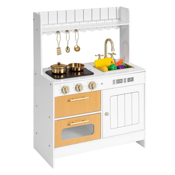 KFFKFF Wooden Play Kitchen Set for Kids, Interactive Toy Kitchen with Lights & Sounds, Includes Food & Cookware Accessories, Features Sink, Oven, Stove, and Storage Cabinet, Suitable for Ages 3-8