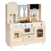 KFFKFF Wooden Play Kitchen Set for Kids, Pretend Cooking Toy with Lights & Sounds, Includes Food & Cookware, Modern Design with Ice Maker and Microwave, Suitable for Ages 3-8
