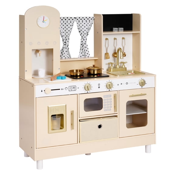 KFFKFF Wooden Play Kitchen Set for Kids, Pretend Cooking Toy with Lights & Sounds, Includes Food & Cookware, Modern Design with Ice Maker and Microwave, Suitable for Ages 3-8