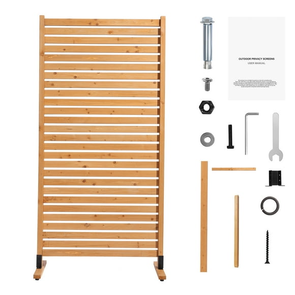 KFFKFF Wooden Privacy Screen, 36" W x 76" H Outdoor Panel, Freestanding Privacy Divider with Stand, Decorative Screen for Patio, Balcony, Lawn, or Garden