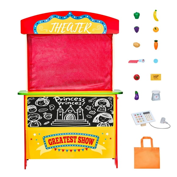 KFFKFF Wooden Puppet Theater with Curtains, 2-in-1 Reversible Play Store, Double-Sided Market Stand with Chalkboard & Cash Register, Kids Pretend Play Set, Ideal Gift for Boys & Girls