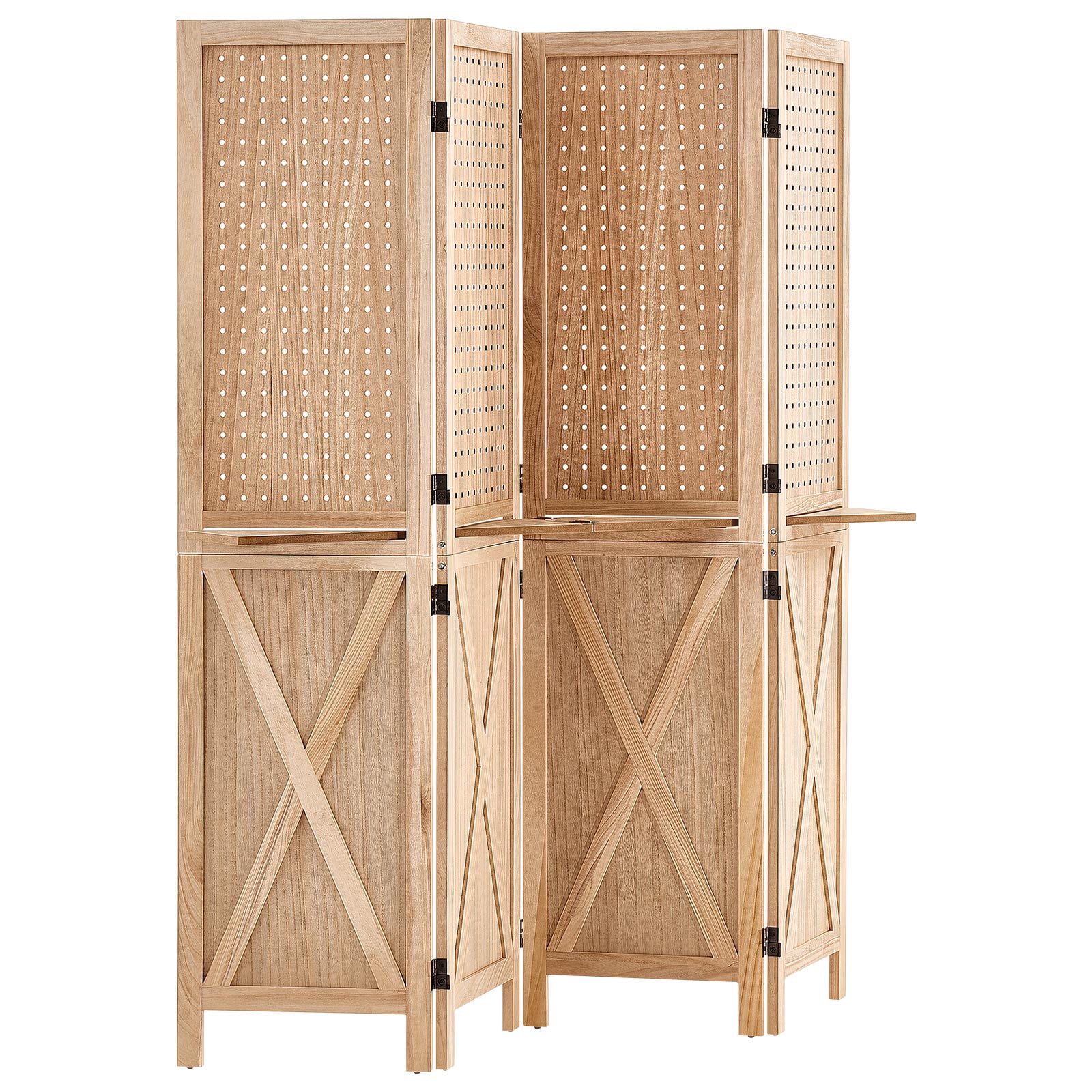 KFFKFF Wooden Room Divider Pegboard Folding Privacy Screen with Shelves, Ideal for Room Separation and Home Decoration, 4 Panels, Sturdy Frame with X Design, 360° Dual-Directional Hinges
