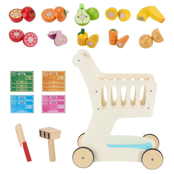 KFFKFF Wooden Shopping Cart for Kids, Toy Trolley with Storage, Includes Play Food and Scanner, Pretend Grocery Store Playset, Push Walker for Toddlers Aged 3+