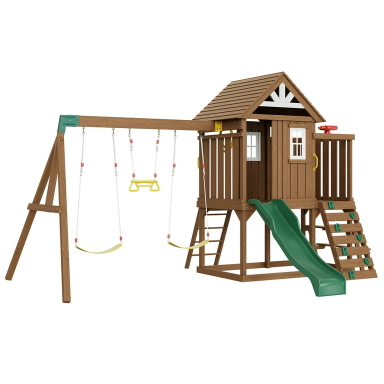 KFFKFF Wooden Swing Set Backyard Play Area Dual Swings, Slide