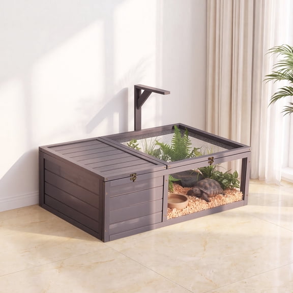 KFFKFF Wooden Tortoise Habitat with Two Compartments, Pull-Out Tray, Suitable for Small Animals Indoors and Outdoors, Includes Lamp Stand, Spacious Turtle Enclosure with Openable Roof
