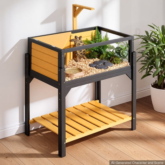 KFFKFF Wooden Tortoise Habitat with Two Rooms, Built-in Lamp Stand, Suitable for Small Animals Indoors or Outdoors, Storage Shelf, Spacious Turtle Enclosure with Openable Roof and Viewing Window