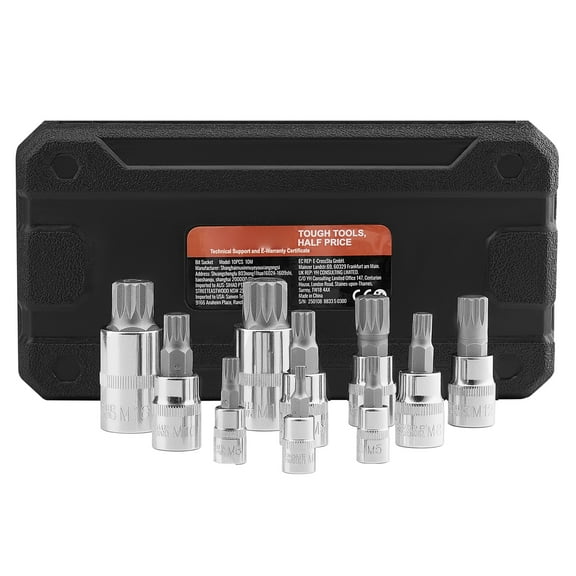KFFKFF XZN Triple Square Spline Bit Socket Collection, Set of 10 ranging from M4 - M18, Superior Cr-V Steel, 1/4 in, 3/8 in, and 1/2 in Drives, Accompanied by Robust Storage Case