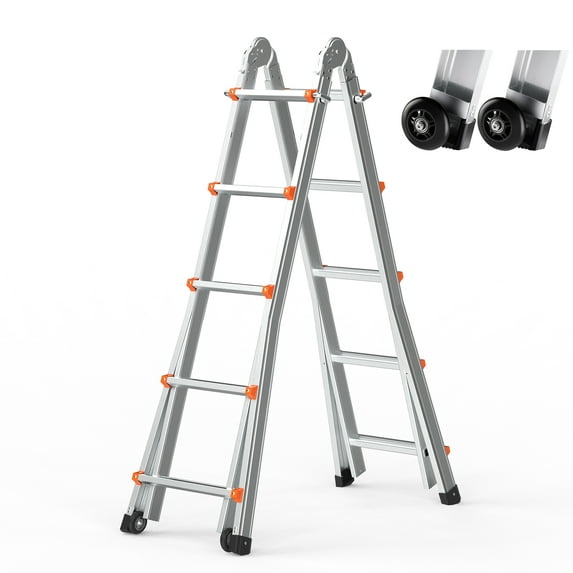 KFFKFF's Adjustable A-Frame Ladder, 19ft Foldable Aluminum Extension, Versatile Compact RV Ladder, Retractable Ladder for Domestic Stairs and Outdoor Roofing Tasks, Supports up to 330lbs