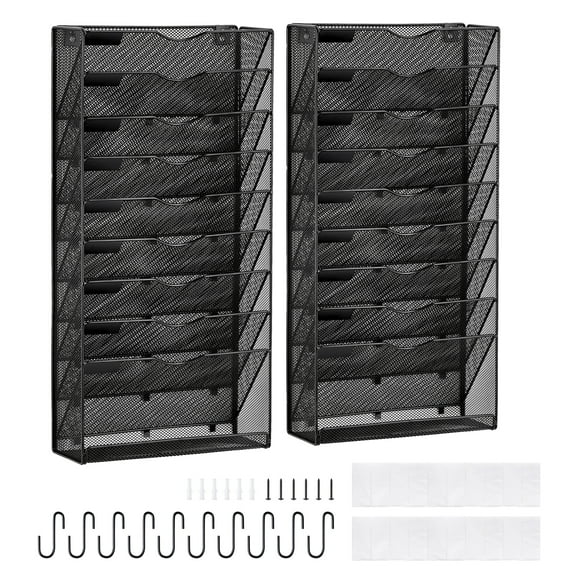 KFFKFFWall File Rack, Dual-Set 10-Slot Mesh Document Holder, Wall-Hanging Magazine, Mail & Paper Storage System, Metal Organizer with Label Tags, Ideal for Office, Home & School Use
