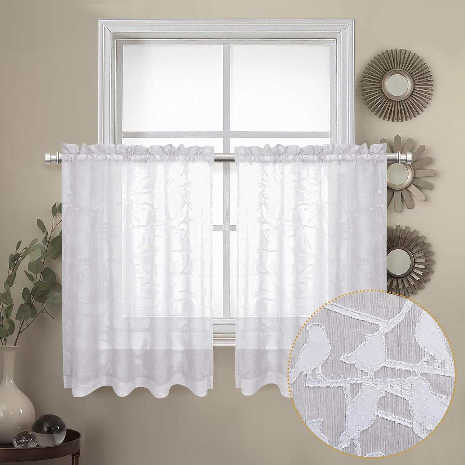 KFHARS-Anji Textured White Kitchen Sheer Curtain Tiers 36 inch Length 2