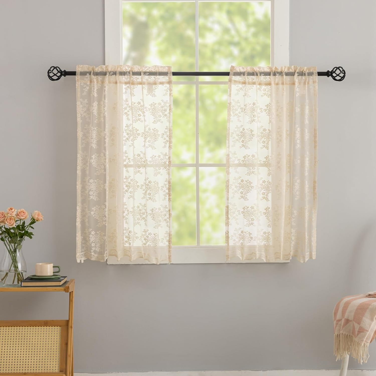 KFHARS-Beige Kitchen Window Curtains Over Sink 2 Panels Short Lace Cafe ...