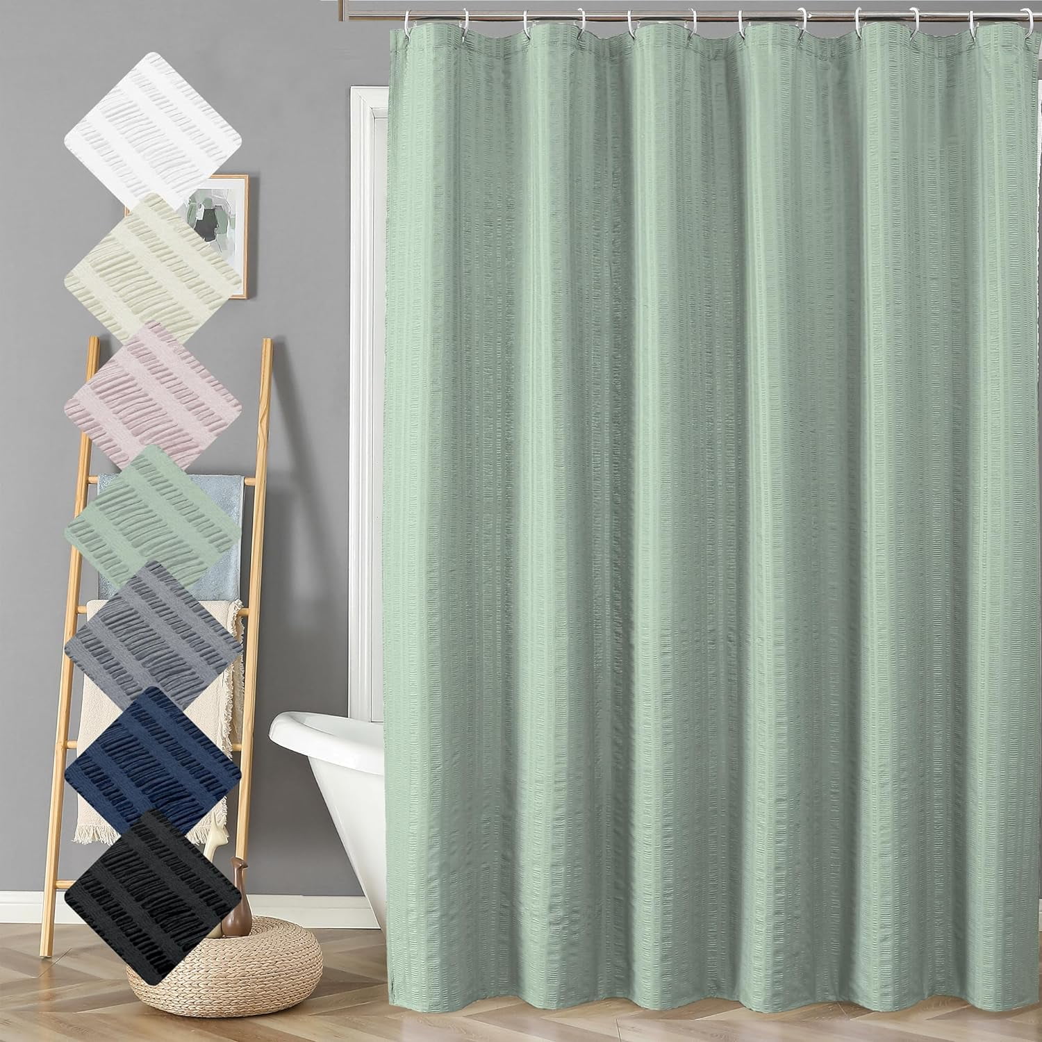 KFHARS-Moga Extra Long Sage Green Shower Curtain 96 Inch Long, Embossed