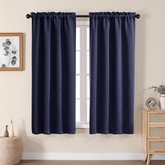 KFHARS-Navy Blue Blackout Curtains for Bedroom 63 Inch Length 2 Panels, Solid Thermal Insulated Energy Saving Rod Pocket Window Treatment Curtains Blackout Drapes, W40 x L63 Inch, Navy Blue