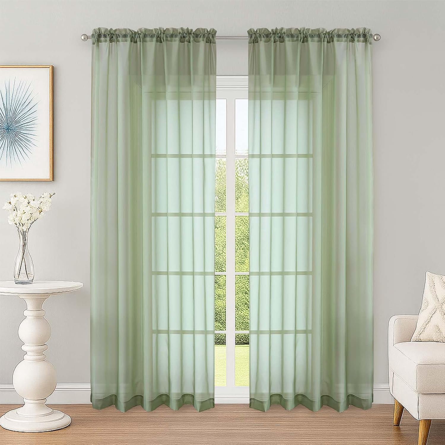 KFHDRS-Sheer Curtains 84 Inches Long 2 Panels Set, Sage Green Sheer