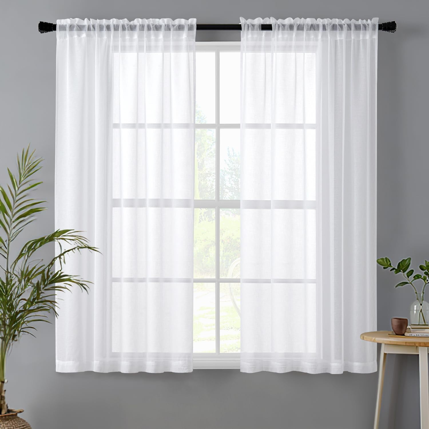 KFHDRS-White Linen Textured Sheer Curtains 63 Inches Long 2 Panels for ...