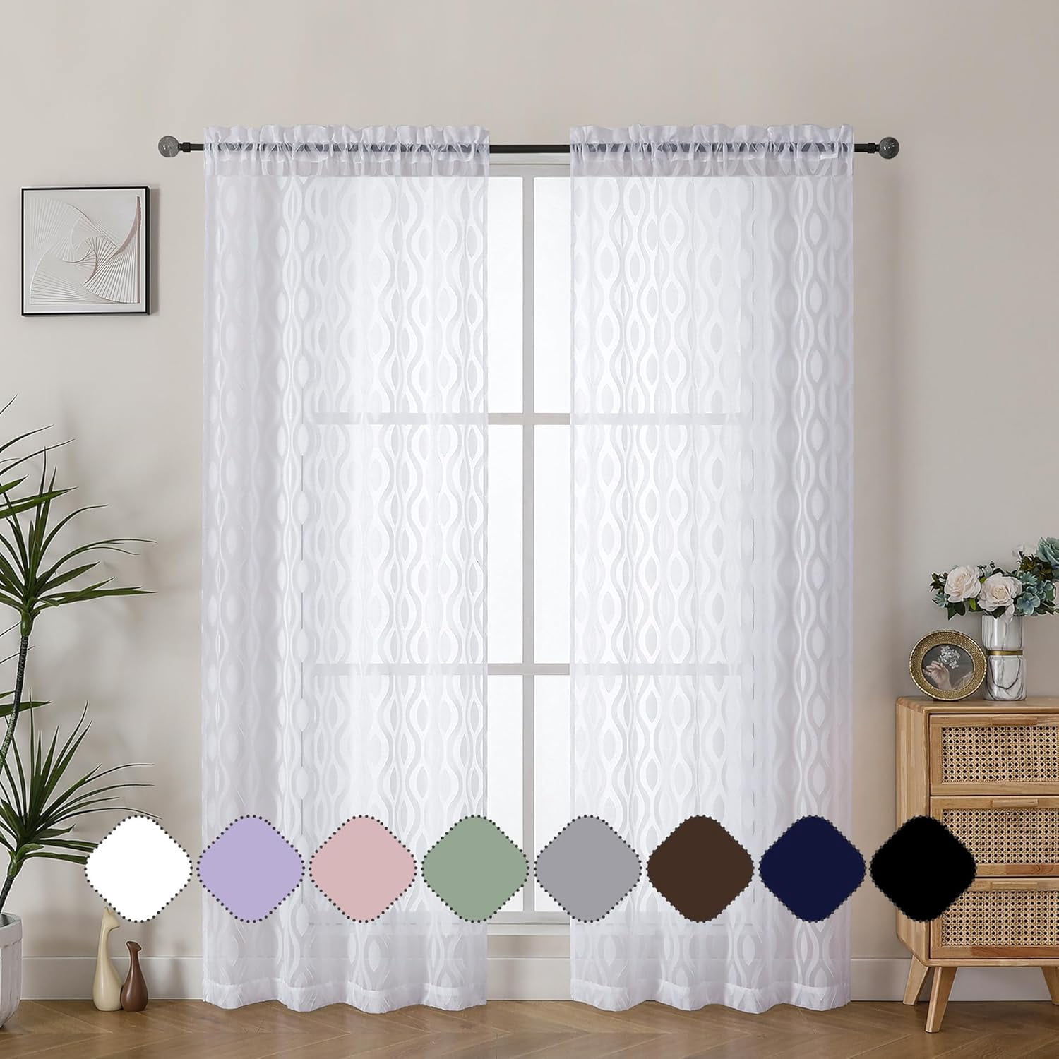 KFHDRS-White Sheer Curtains 72 Inches Long 2 Panels Set, Clip Jacquard ...