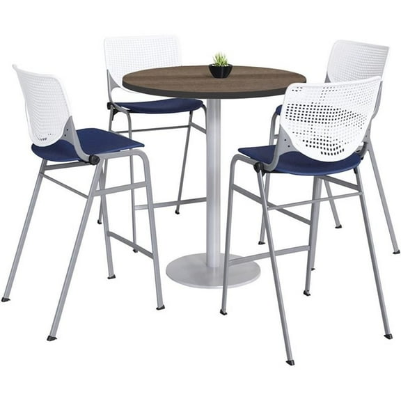 KFI 42" Round Bistro Table - Teak Top - Kool Barstools - White/Navy
