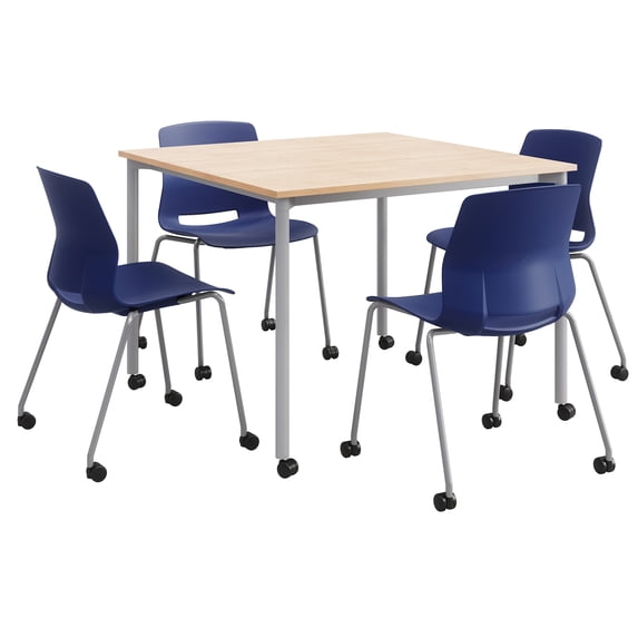 KFI Dailey 42in Square Dining Set - Natural Table - Navy Chairs w/Casters