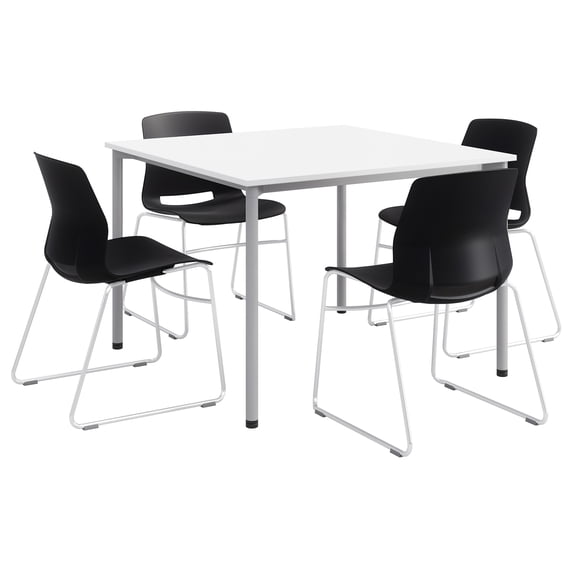 KFI Dailey 42in Square Dining Set - White/Silver Table - Black Sled Chairs