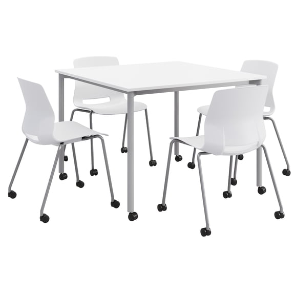 KFI Dailey 42in Square Dining Set - White/Silver Table - White Chairs w/Casters