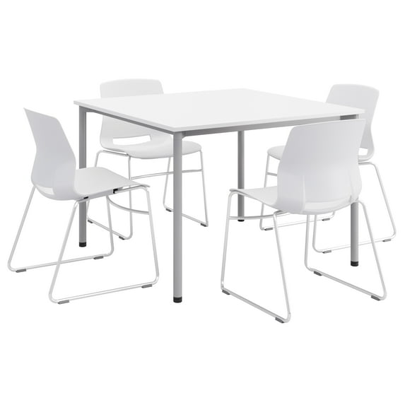 KFI Dailey 42in Square Dining Set - White/Silver Table - White Sled Chairs