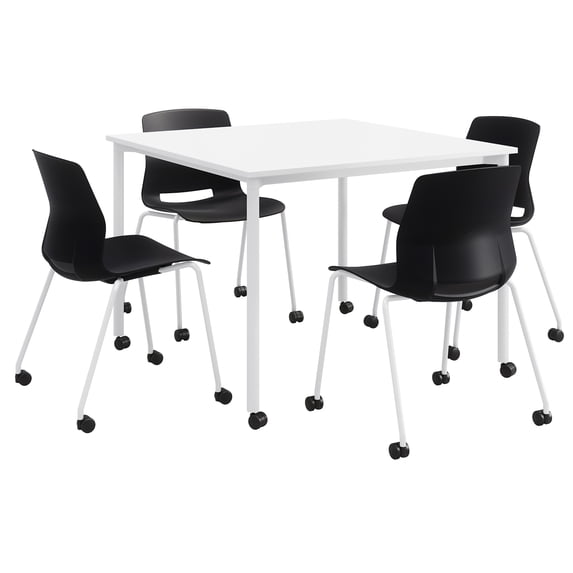 KFI Dailey 42in Square Dining Set - White Table - Black Chairs w/Casters
