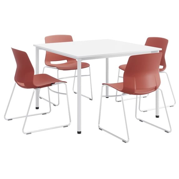 KFI Dailey 42in Square Dining Set - White Table - Coral Sled Chairs