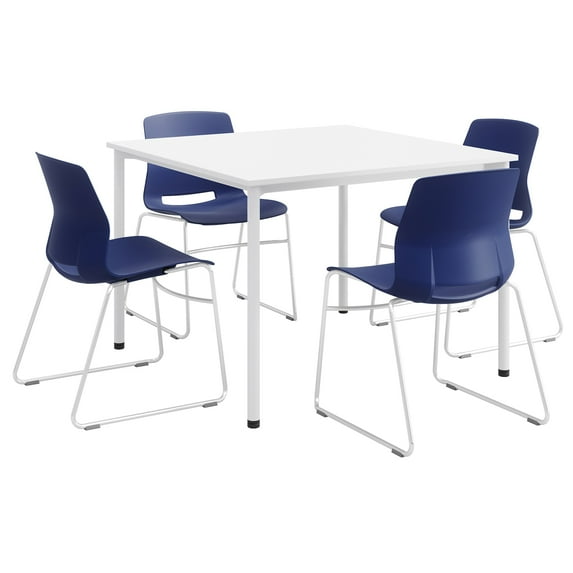 KFI Dailey 42in Square Dining Set - White Table - Navy Sled Chairs