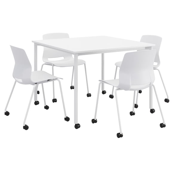 KFI Dailey 42in Square Dining Set - White Table - White Chairs w/Casters