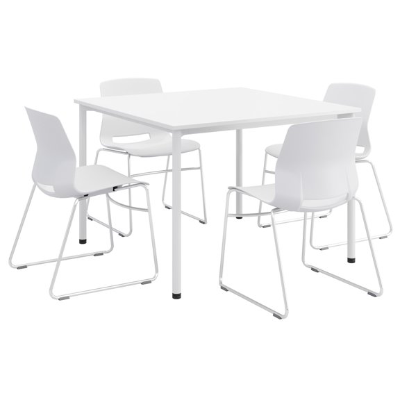 KFI Dailey 42in Square Dining Set - White Table - White Sled Chairs