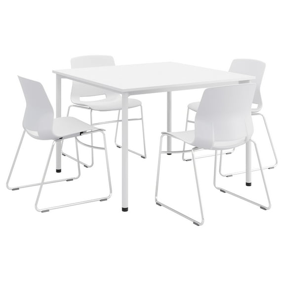 KFI Dailey 42in Square Dining Set - White Table - White Sled Chairs