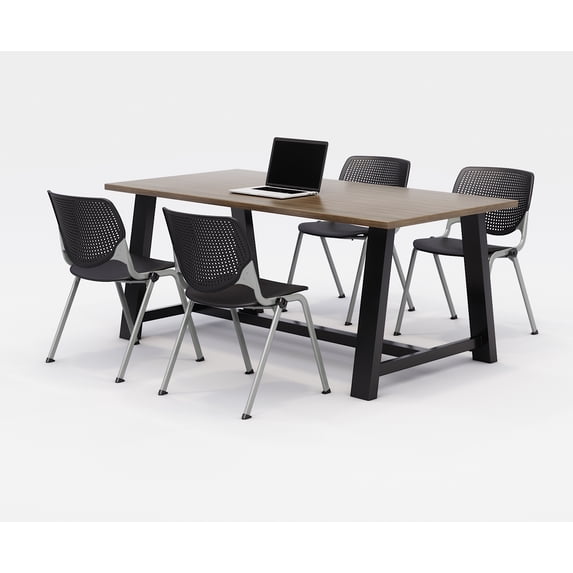 KFI Studios 3' x 6' Dining Table Set & 4 KOOL Dining Chairs, Studio Teak Top, Black Chairs