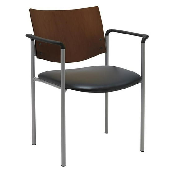 KFI Studios Evolve Dining Chair with Arms, Chocolate Wood Back, Black Vinyl Seat
