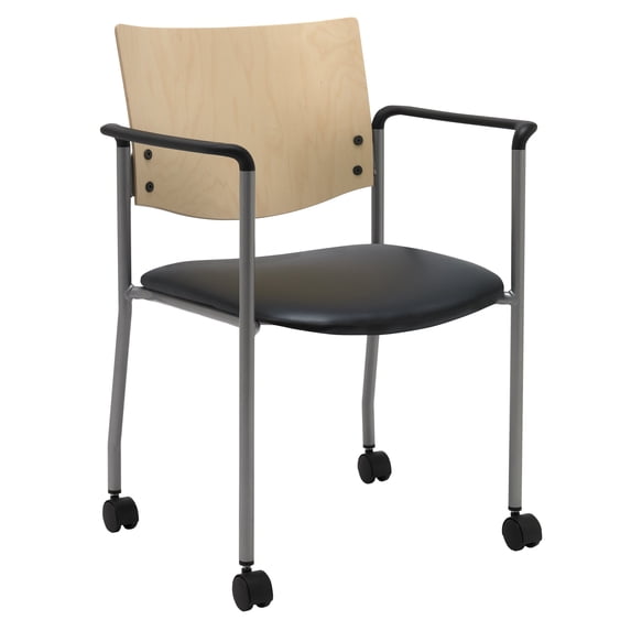 KFI Studios Evolve Stack Chair with Arms & Casters, Natural Wood Back, Black Vinyl Seat