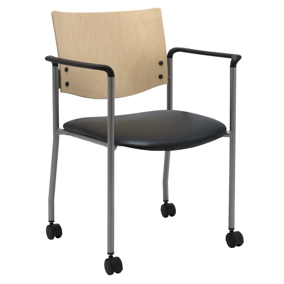 KFI Studios Evolve Stack Chair with Arms & Casters, Natural Wood Back, Black Vinyl Seat
