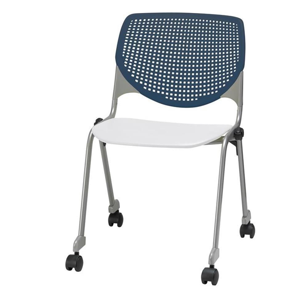 Navy and White Armless Metal Stacking Chair with Casters