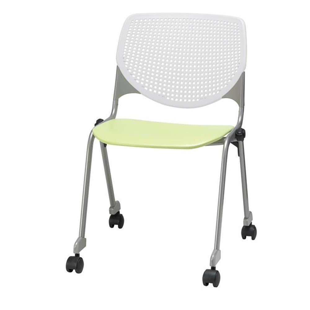 Lime Green and White Armless Metal Stacking Chair with Casters