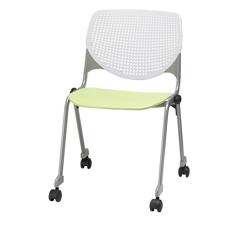 Lime Green and White Armless Metal Stacking Chair with Casters