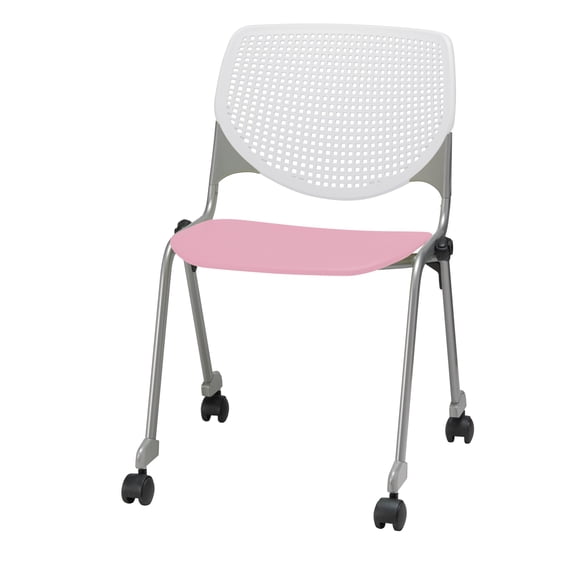 KFI Studios KOOL Armless Stacking Chair with Casters, White Back, Pink Seat