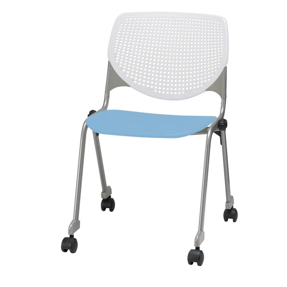 KFI Studios KOOL Armless Stacking Chair with Casters, White Back, Sky Blue Seat