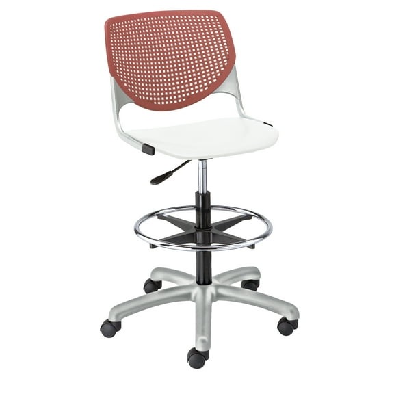KFI Studios KOOL Home and Office Adjustable Drafting Stool, White Seat, Coral Back