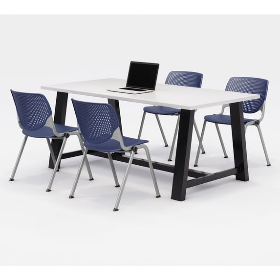 KFI Studios Midtown 6' x 3' Dining Table Set, Designer White , 4 Navy KOOL Chairs