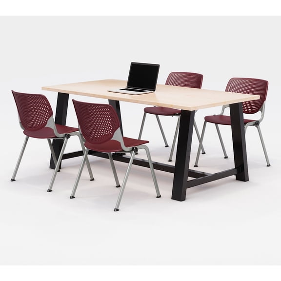 KFI Studios Midtown 6' x 3' Dining Table Set, Maple , 4 Burgundy KOOL Chairs