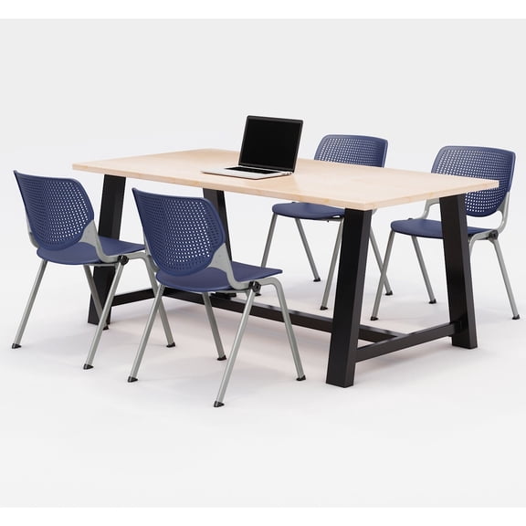 KFI Studios Midtown 6' x 3' Dining Table Set, Maple , 4 Navy KOOL Chairs