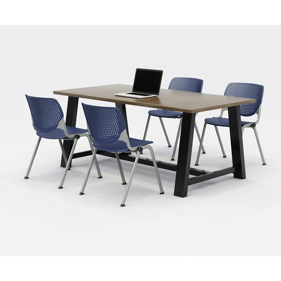KFI Studios Midtown 6' x 3' Dining Table Set, Studio Teak , 4 Navy KOOL Chairs