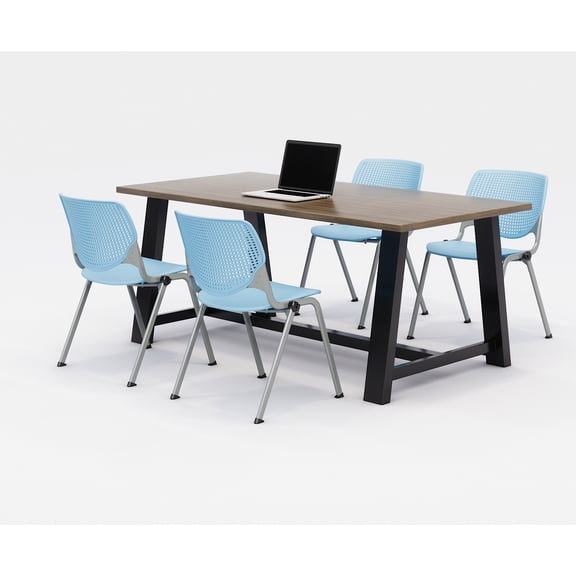KFI Studios Midtown 6' x 3' Dining Table Set, Studio Teak , 4 Sky Blue KOOL Chairs