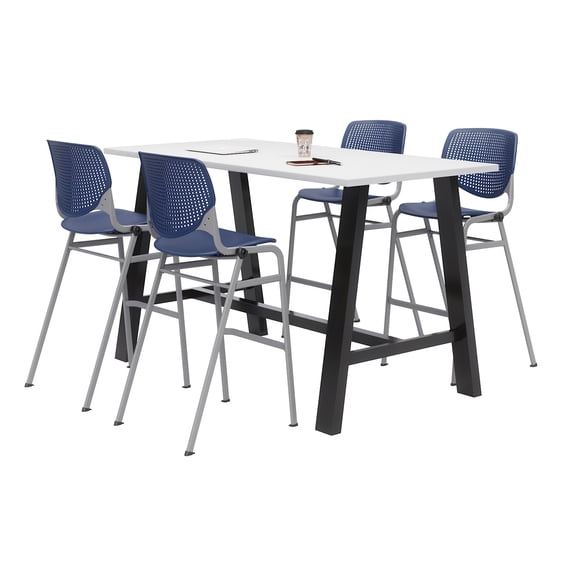 KFI Studios Midtown 6' x 3' Pub Table Set, Designer White , 4 Navy KOOL Stools