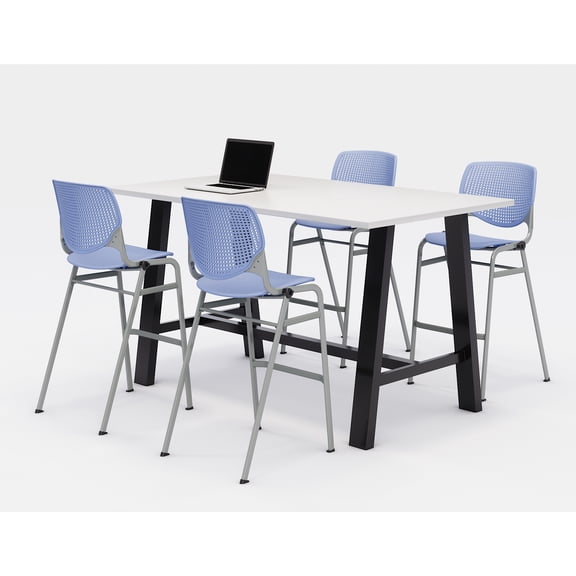 KFI Studios Midtown 6' x 3' Pub Table Set, Designer White , 4 Periwinkle KOOL Stools
